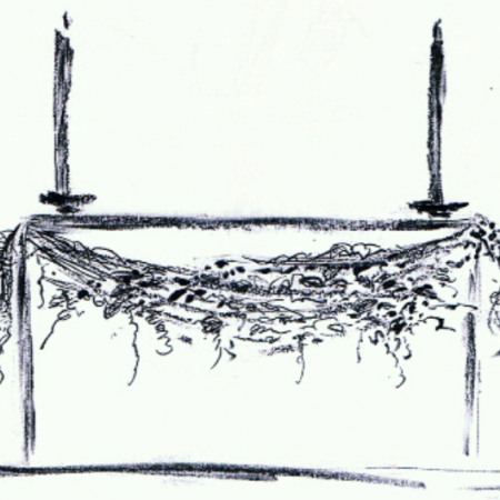 Zeichnung von Tisch mit Blumenschmuck und Kerzen